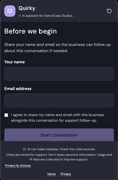 Companion on SwitchCase Studios showing the consent-first conversation entry screen