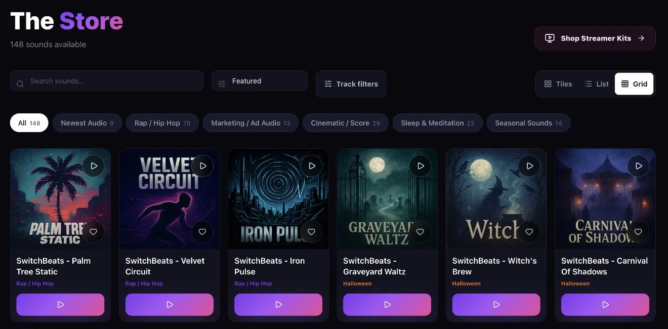 SwitchBeats catalog showing search, category filters, cover art, and track playback controls
