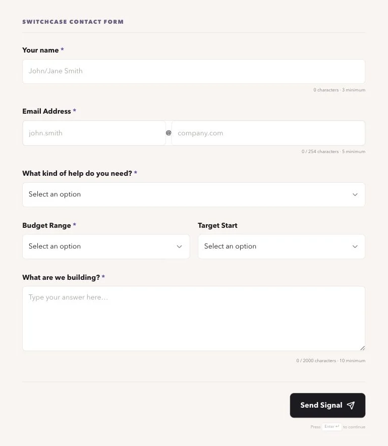 Live SwitchCase project inquiry form built with SwitchForms, with contact, project type, budget, and project details fields